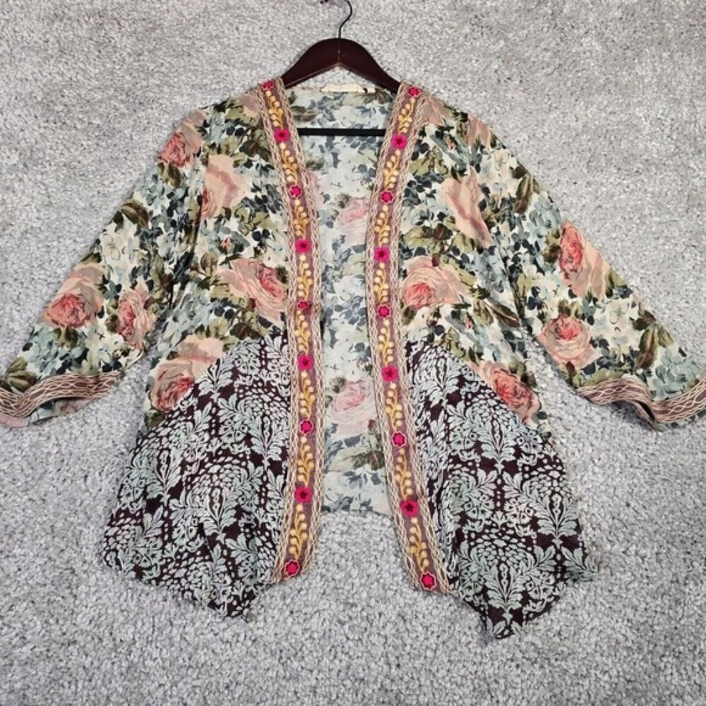 Soft Surroundings Embroidered Rose Floral Kimono Giverny Topper